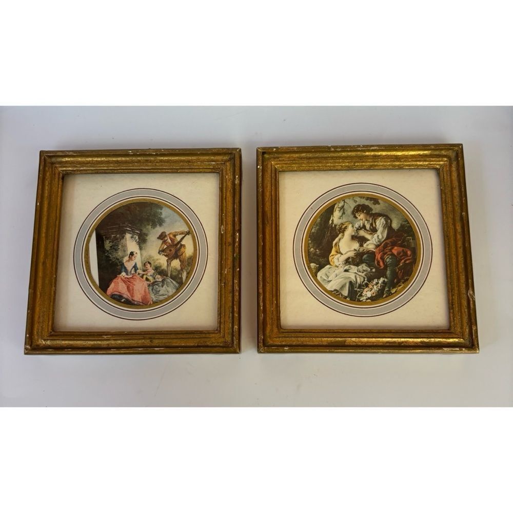 Vintage Boucher Gold Framed Italian Florentine Victorian Lithographs /Love Scene